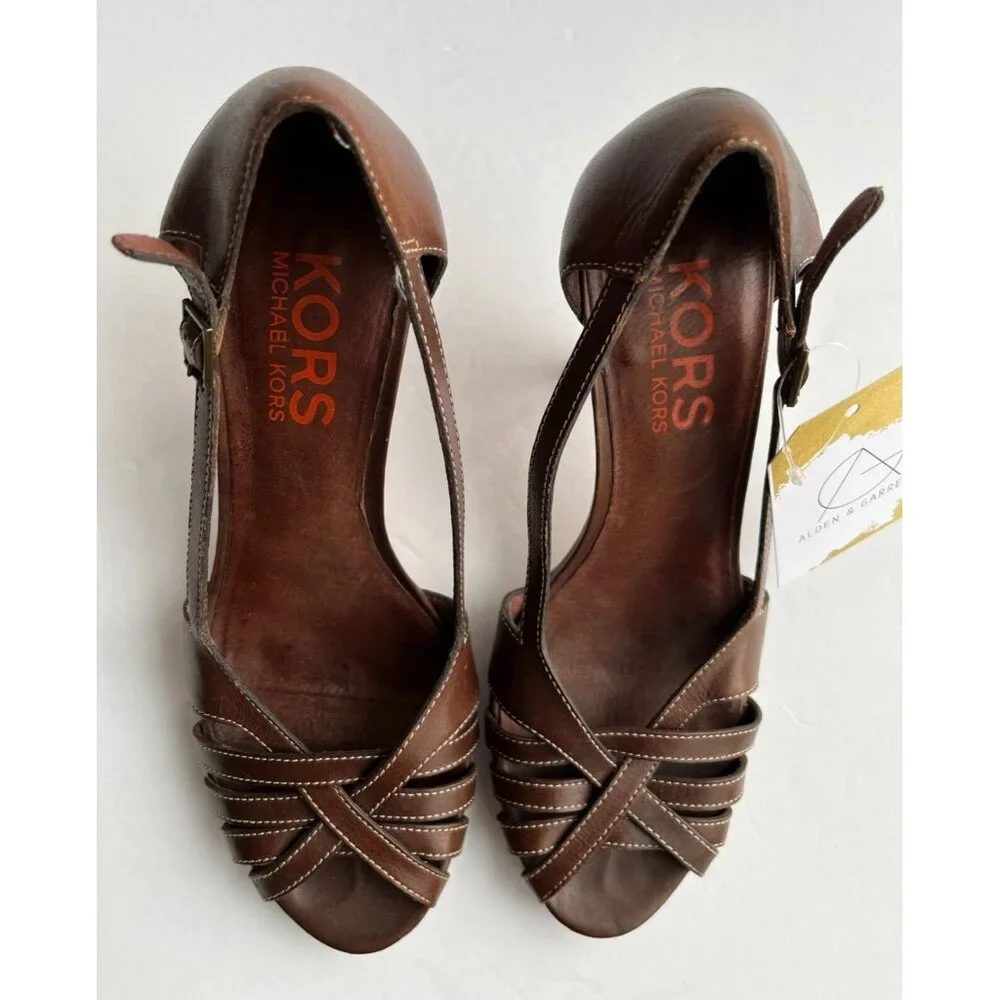 Michael Kors Brown Woven Strappy Wooden Heels, Size 8 (US)